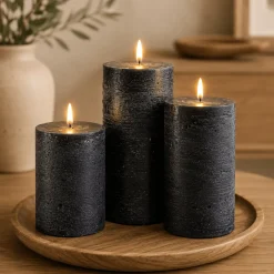 Set of 3 Textured LED Pillar Candles – Black