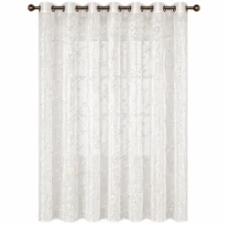 Sheer Floral Embroidered Grommet Curtain Panel – White