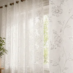 Sheer Floral Embroidered Grommet Curtain Panel – White