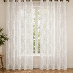 Sheer Geometric Embroidered Grommet Curtain Panel – White