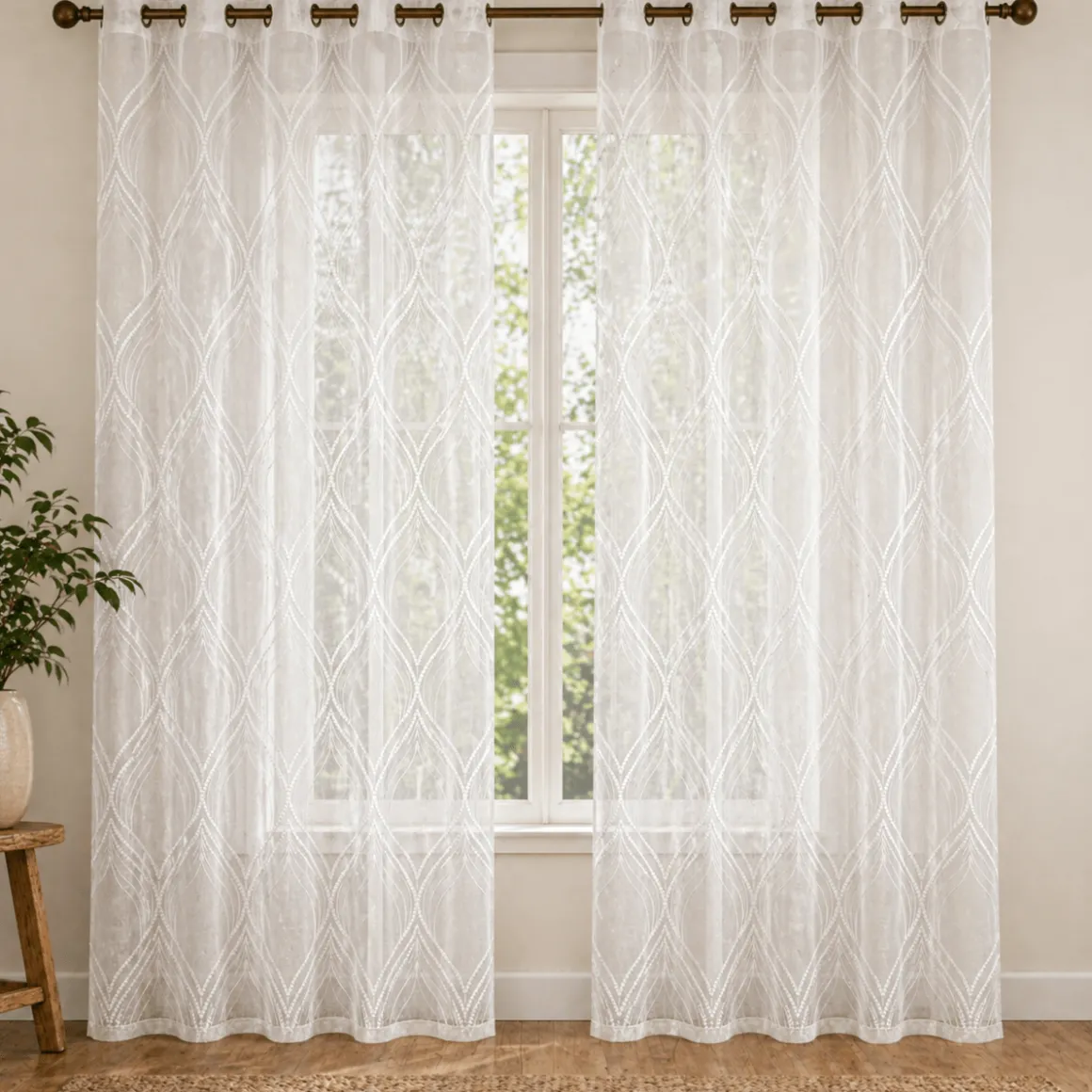 Sheer Geometric Embroidered Grommet Curtain Panel – White