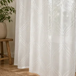 Sheer Geometric Embroidered Grommet Curtain Panel – White
