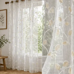 Sheer Two-Tone Floral Embroidered Grommet Curtain Panel – White