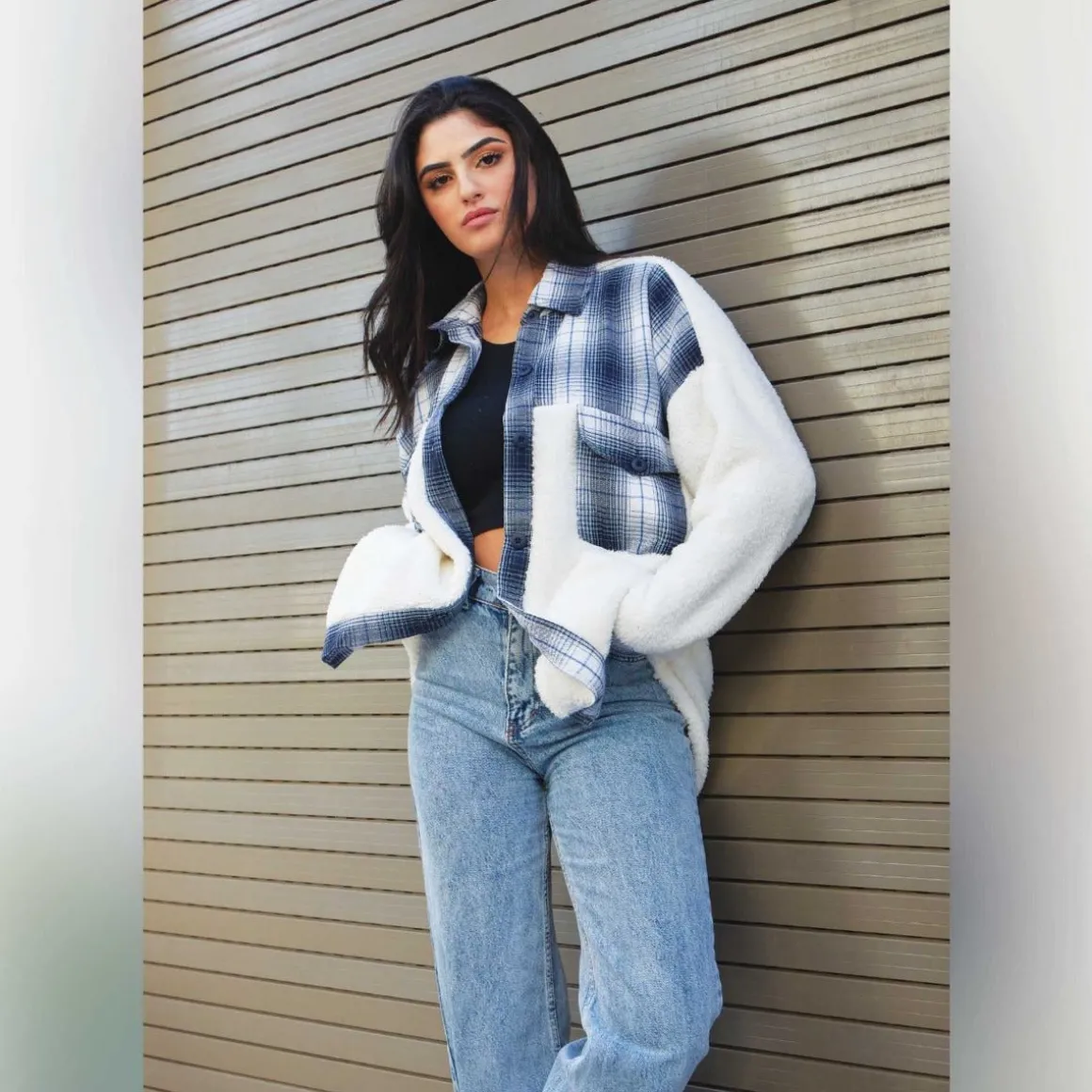 Sherpa Jacket With Plaid Details white