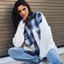 Sherpa Jacket With Plaid Details white