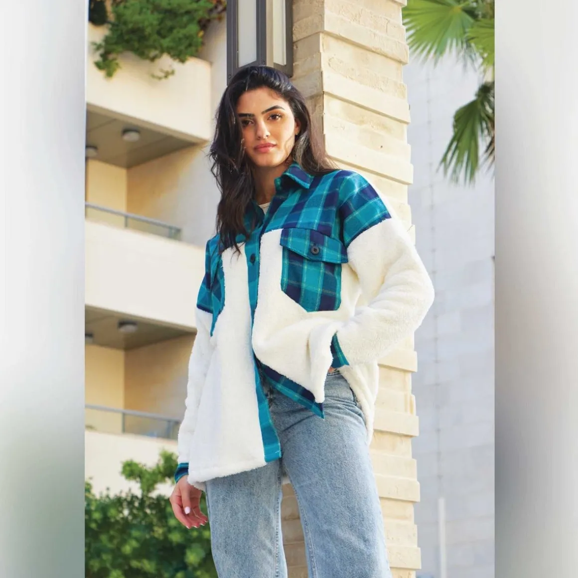Sherpa Jacket With Plaid Details
