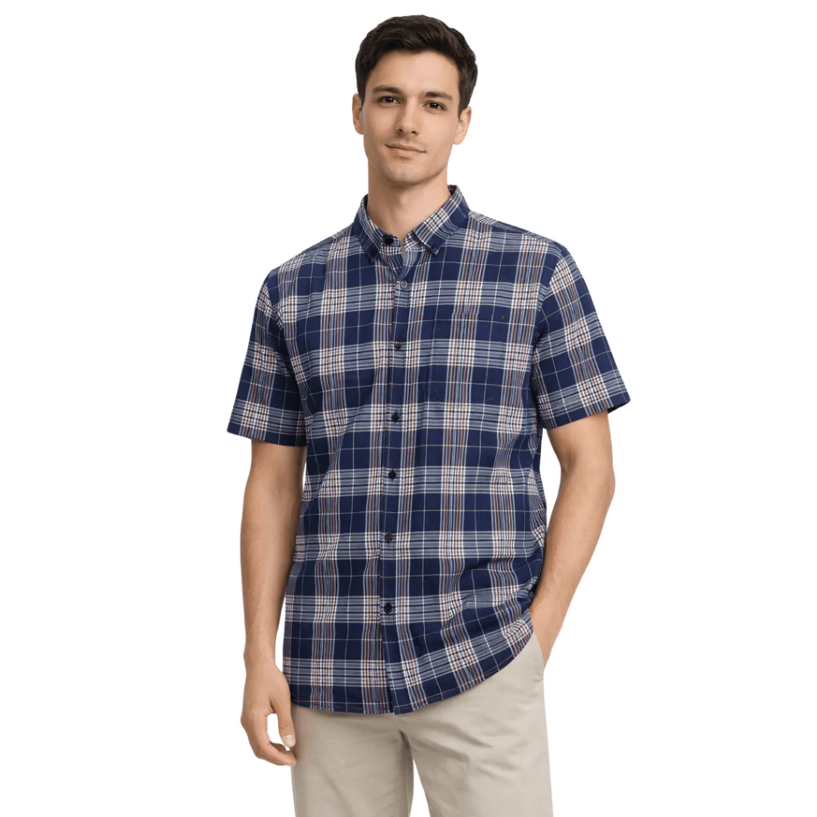 Short Sleeve Plaid Button-Up Shirt