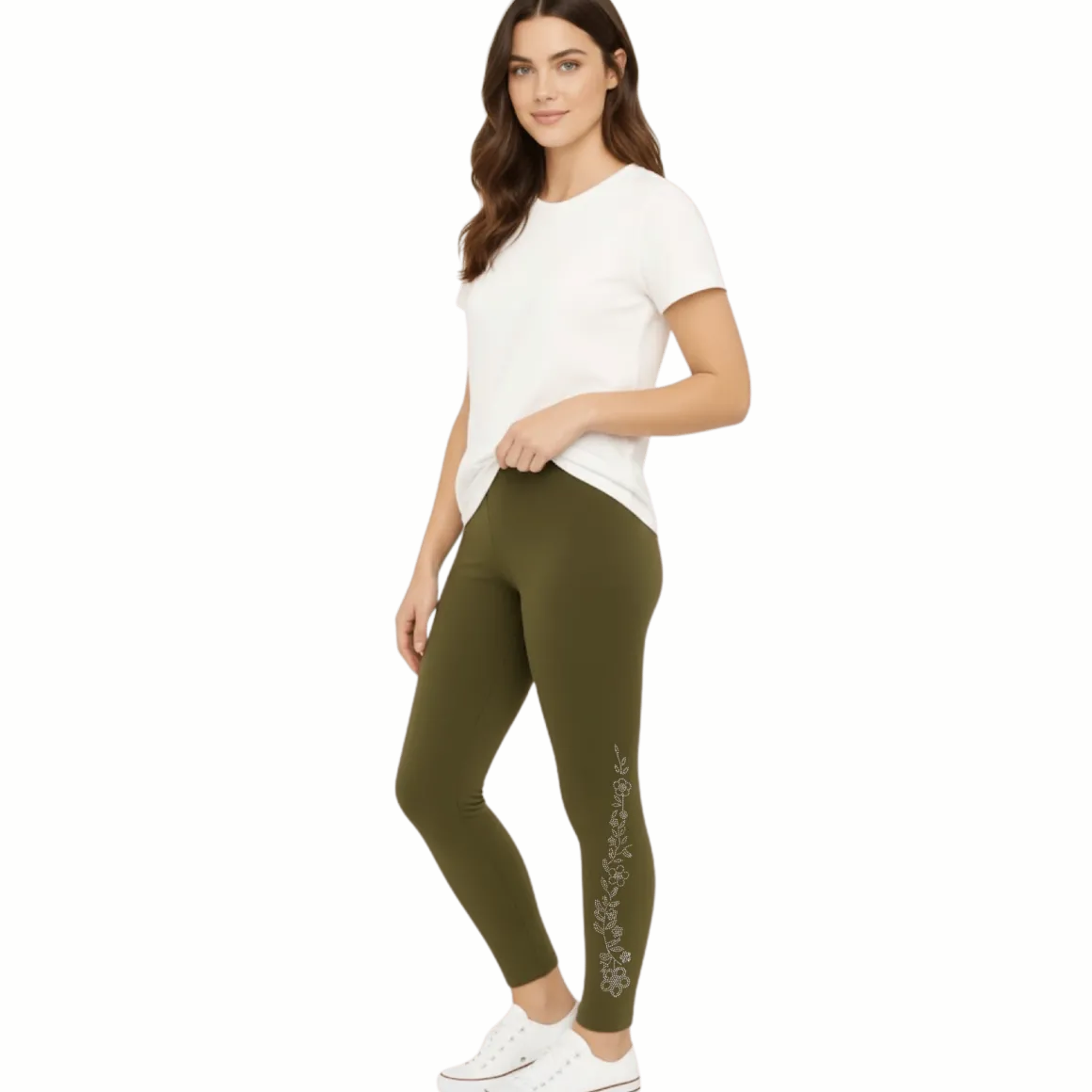 Soft Stretch Leggings with Rhinestone Floral Detail