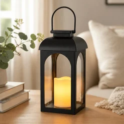 Solar Outdoor Lantern with Flickering LED – Black