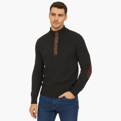 Textured Knit Henley Sweater with Elbow Patches