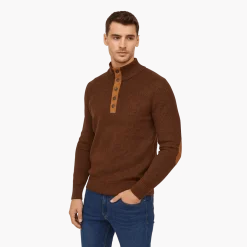 Textured Knit Henley Sweater with Elbow Patches