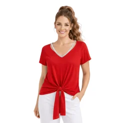 Tie-Front V-Neck Top with Rhinestone Trim