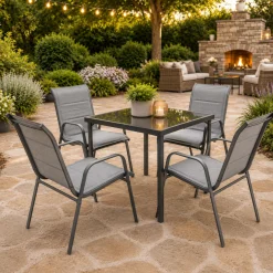 Vida 5-Piece Outdoor Dining Set – Black & Grey with Foam Cushions