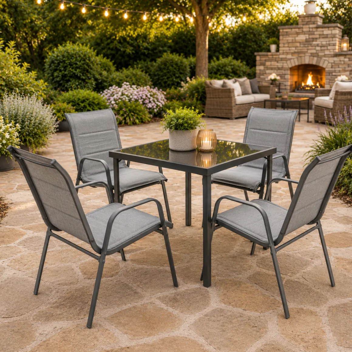 Vida 5-Piece Outdoor Dining Set – Black & Grey with Foam Cushions