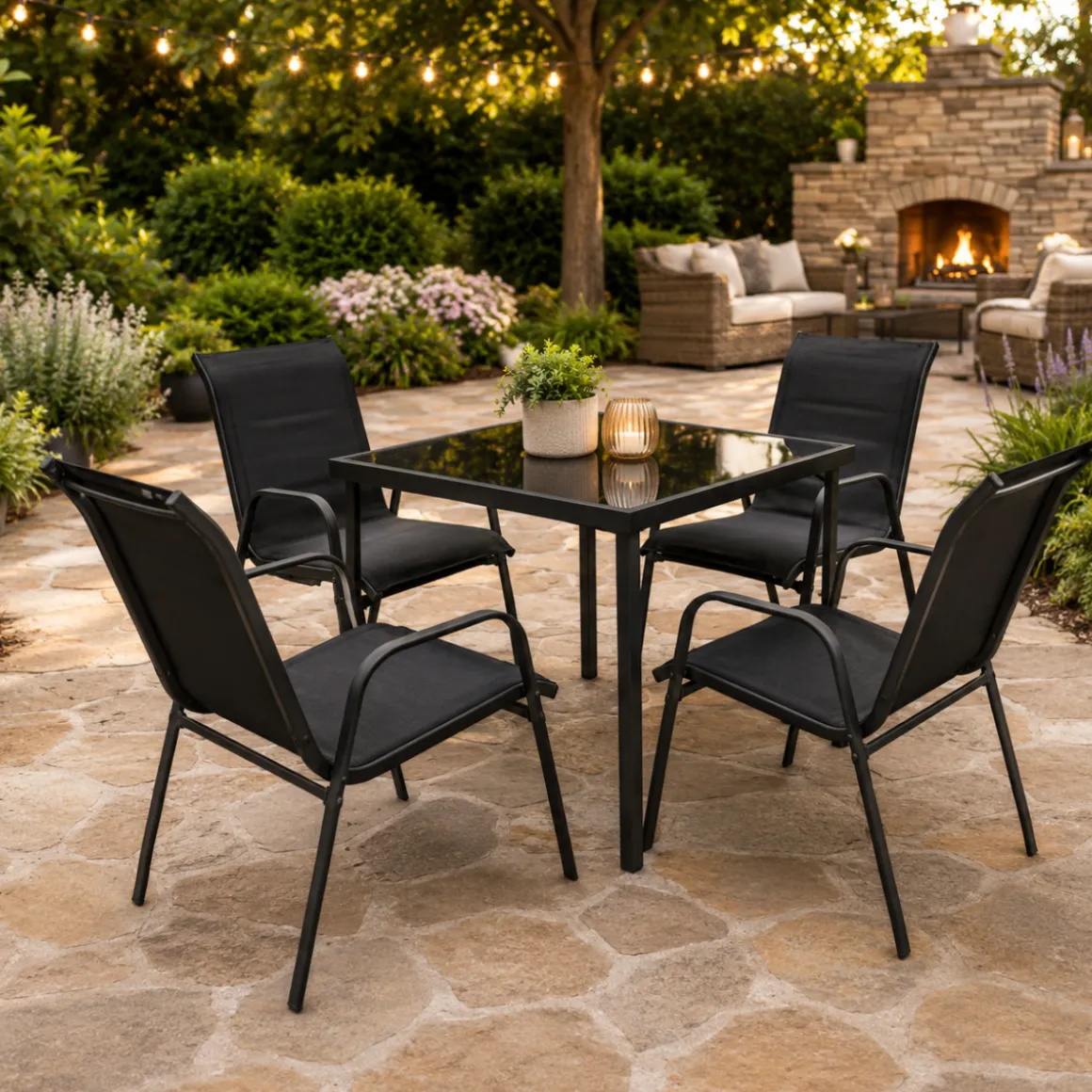 Vida 5-Piece Outdoor Dining Set – Black & Grey with Foam Cushions