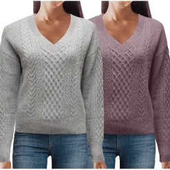 V-Neck Pullover With Diamonds & Cabl