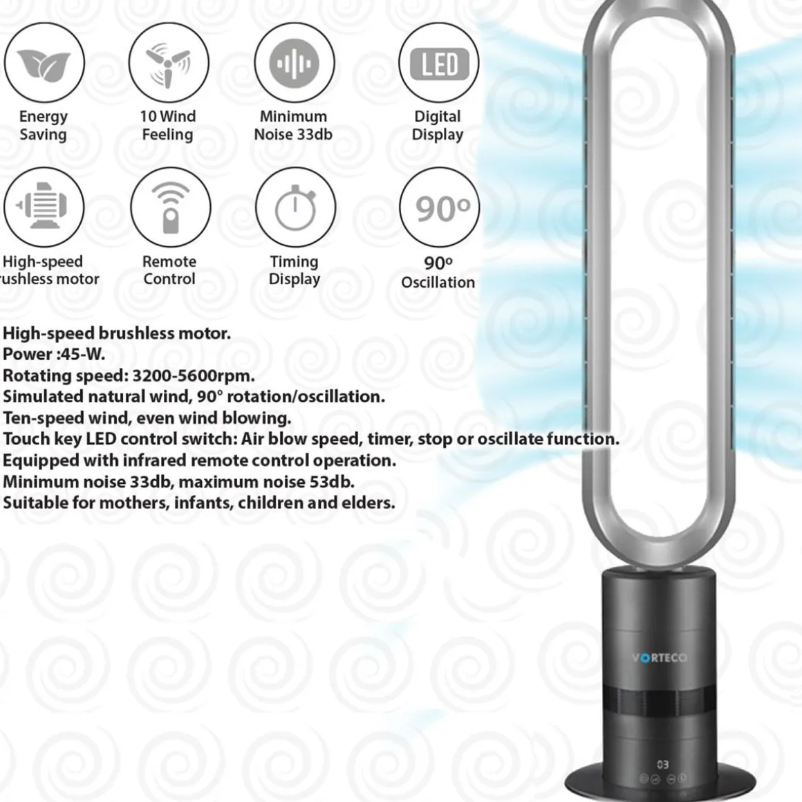 Vorteco Bladeless Tower Fan – Black & Silver