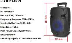 Wattson - Bluetooth 8" Rechargeable Speaker With Disco Light on Top , Front Control Panel , Trolley and Wheels