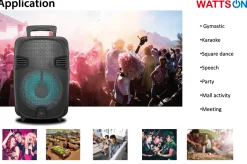 Wattson - Bluetooth 8" Rechargeable Speaker With Disco Light on Top , Front Control Panel , Trolley and Wheels