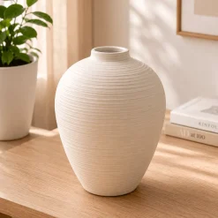 White Ceramic Textured Urn Vase – 8 in