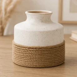 White Ceramic Vase with Jute Wrap – 6 in