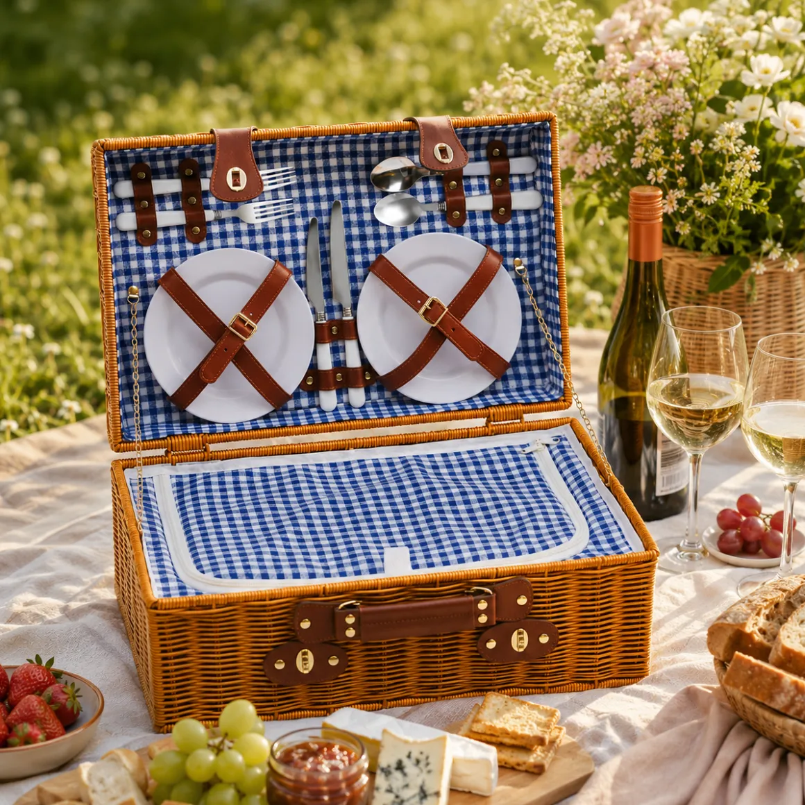 Wicker Picnic Basket with Dinnerware Set