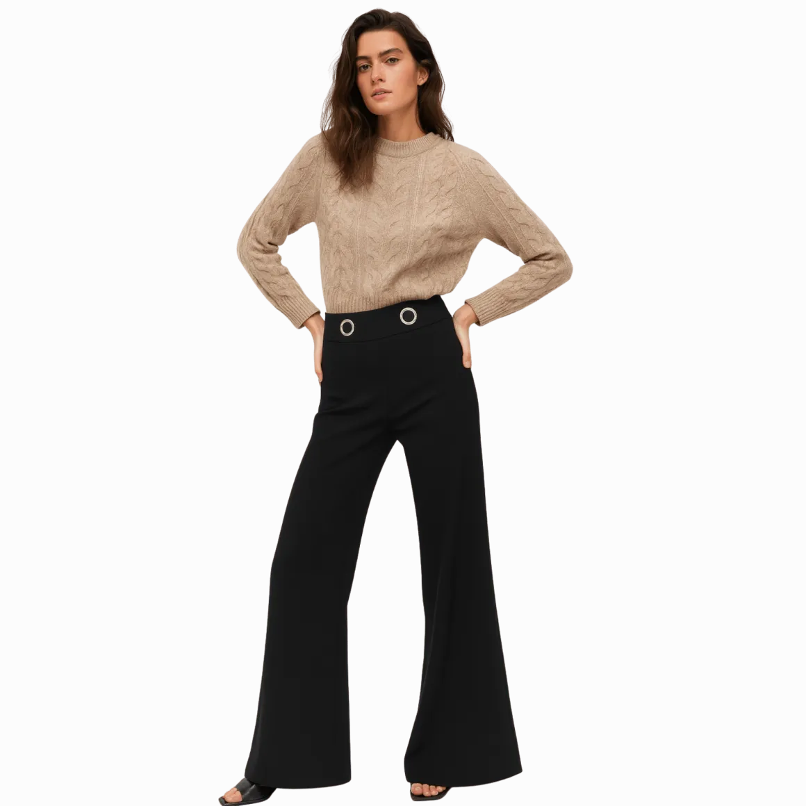 Wide-Leg Pants with Metallic Grommet Waist