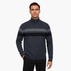 Zip-Up Knit Sweater with Contrast Stripes