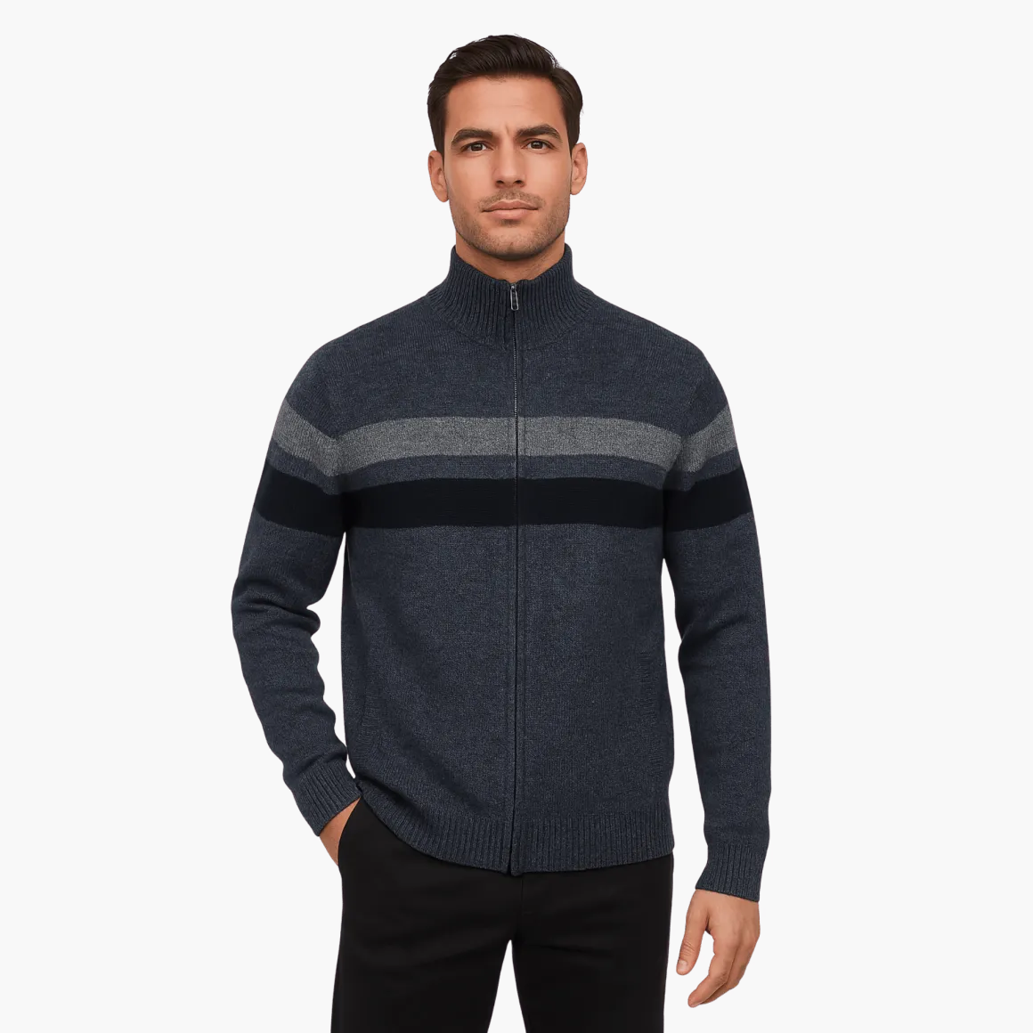 Zip-Up Knit Sweater with Contrast Stripes