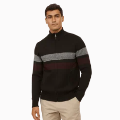 Zip-Up Knit Sweater with Contrast Stripes