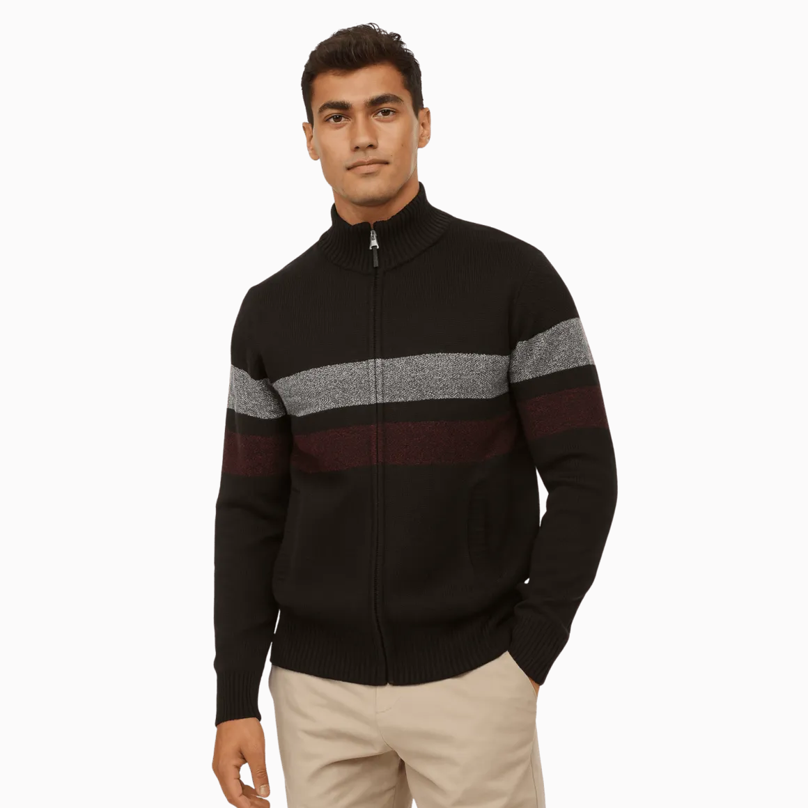 Zip-Up Knit Sweater with Contrast Stripes